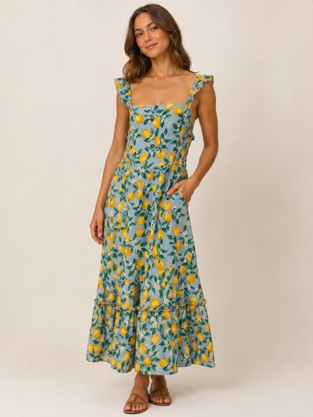 Draper James Lemon Print Maxi Dress Plus Size 2X Ruffle Strap Floral Citrus